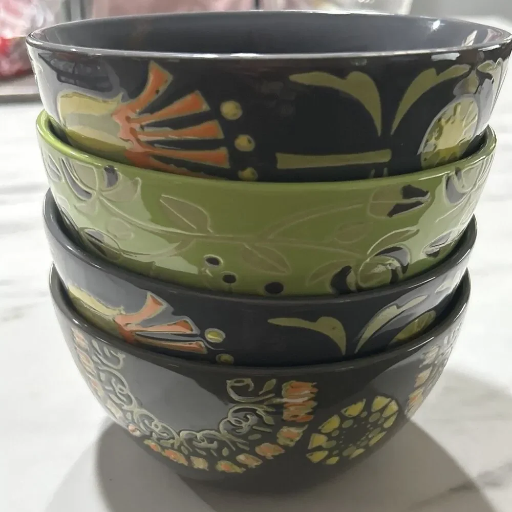 180 Robin Pickens Cereal Bowls Green Floral Textured Set of 4 Mixed Patterns
